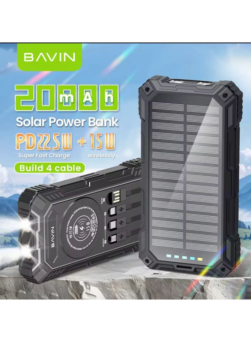 Bavin Wholesale Fast Charging Powerbank PC1118. 20000mah 22.5w LED Light 15W Panels Solar Charger Power Bank with Charger Cable - Image 2
