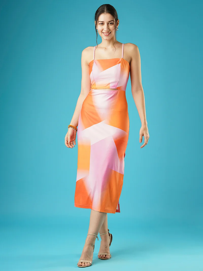 globus Globus Women Stretchable Abstract Print Strappy Shoulder Cut-Outs Sheath Midi Party Dress