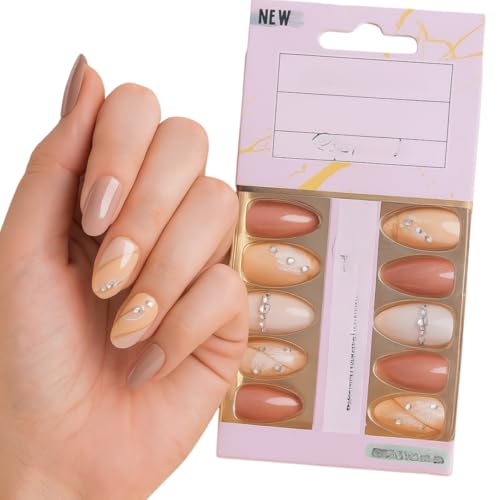 Coslifestore Pack of 24 Press On Nails | Reusable Stick-On Artificial Gel Nail Tips for Girls, Women & Brides | Almond Shape Glossy Finish with Stones & Rhinestones | Wedding, Party & Special Occasion Wear (Peach, Nude floral design with stones) - Image 1