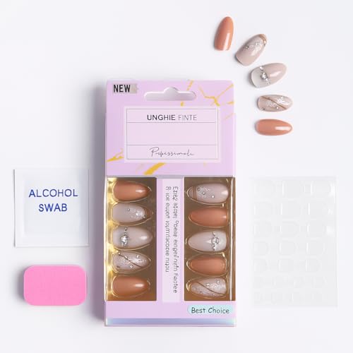 Coslifestore Pack of 24 Press On Nails | Reusable Stick-On Artificial Gel Nail Tips for Girls, Women & Brides | Almond Shape Glossy Finish with Stones & Rhinestones | Wedding, Party & Special Occasion Wear (Peach, Nude floral design with stones) - Image 3