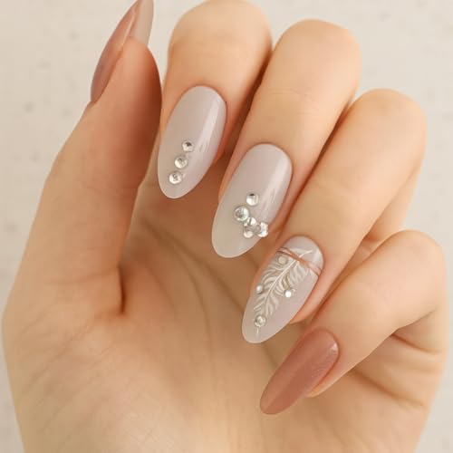Coslifestore Pack of 24 Press On Nails | Reusable Stick-On Artificial Gel Nail Tips for Girls, Women & Brides | Almond Shape Glossy Finish with Stones & Rhinestones | Wedding, Party & Special Occasion Wear (Peach, Nude floral design with stones) - Image 2