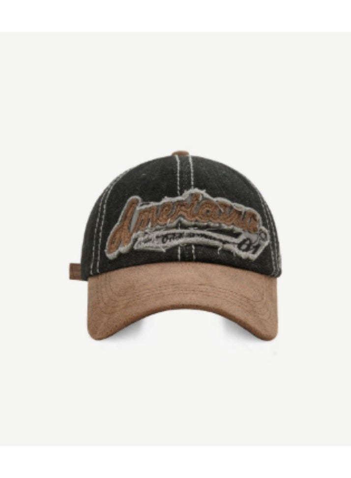Americana Vintage - Style Dark Denim Baseball Cap with "Americana" Embroidered Patch and Brown Brim  60-65cm