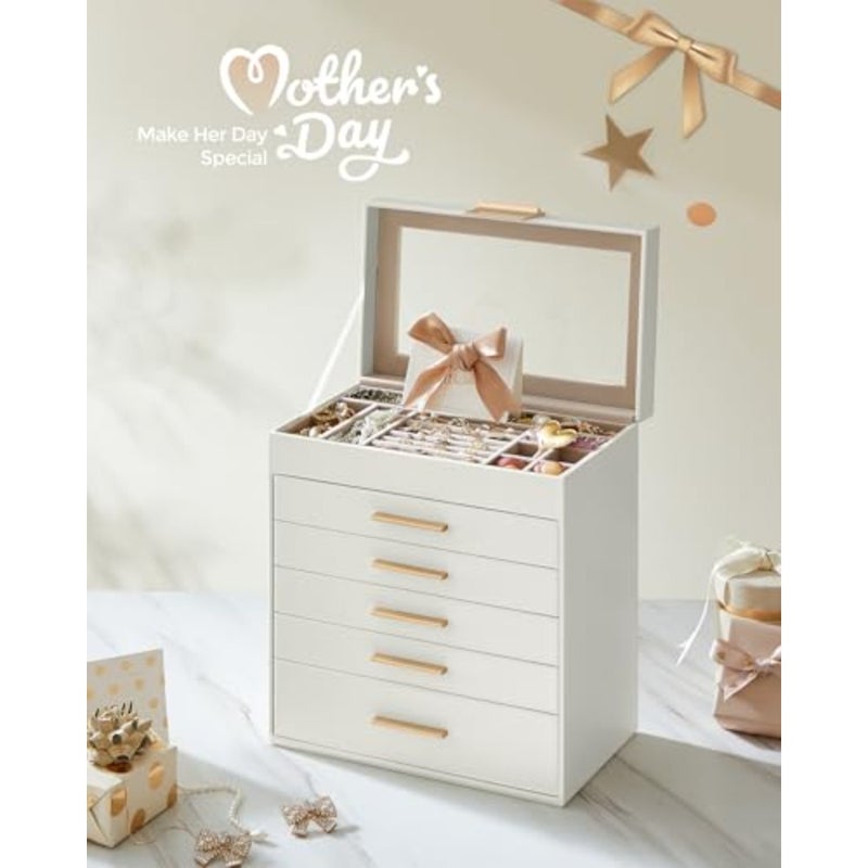 Jewelry Box Organizer with Glass Lid, 6-Layer Jewelry Storage, with 5 Drawers, Modern Style, 16.3 x 25.1 x 29 cm, and Gold Color UJBC171W01 - Image 2