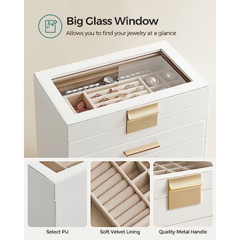 Jewelry Box Organizer with Glass Lid, 6-Layer Jewelry Storage, with 5 Drawers, Modern Style, 16.3 x 25.1 x 29 cm, and Gold Color UJBC171W01 - Image 4