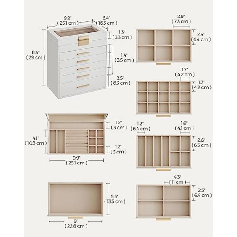 Jewelry Box Organizer with Glass Lid, 6-Layer Jewelry Storage, with 5 Drawers, Modern Style, 16.3 x 25.1 x 29 cm, and Gold Color UJBC171W01 - Image 5