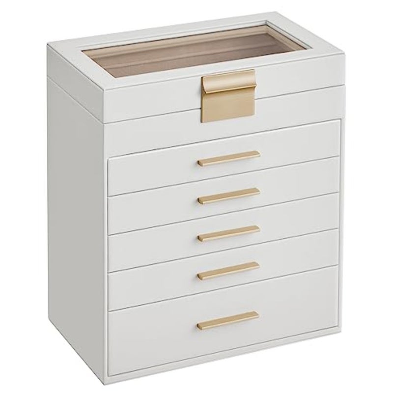Jewelry Box Organizer with Glass Lid, 6-Layer Jewelry Storage, with 5 Drawers, Modern Style, 16.3 x 25.1 x 29 cm, and Gold Color UJBC171W01 - Image 1