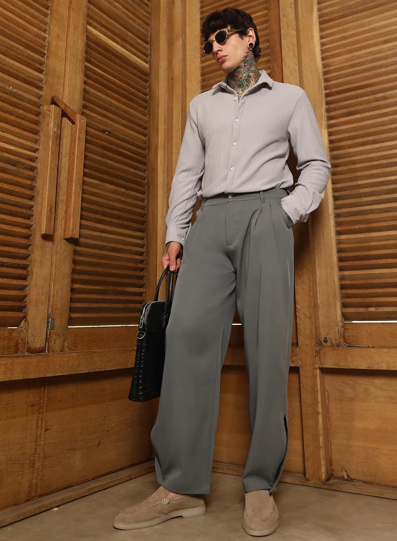 Campus Sutra Dark Olive Lightweight - Straight-Cuffed Pleated Trousers for Men | Best Price UAE