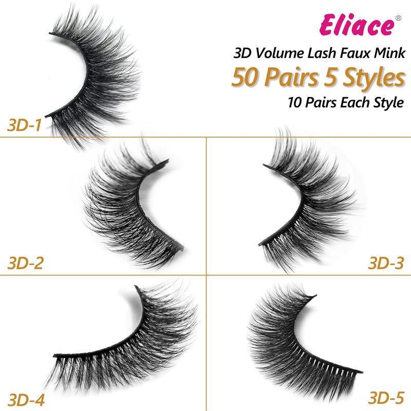 Eliace False Eyelashes Natural look Cat Eye Lashes Wispy Strips 3D Mink Lashes Fulffy,NEW 50 Pairs 5 Styles Fake Eyelashes,Faux Volume Curly Full,Thin Lash Band Soft Comfortable Lightweight Lash Pack - Image 3