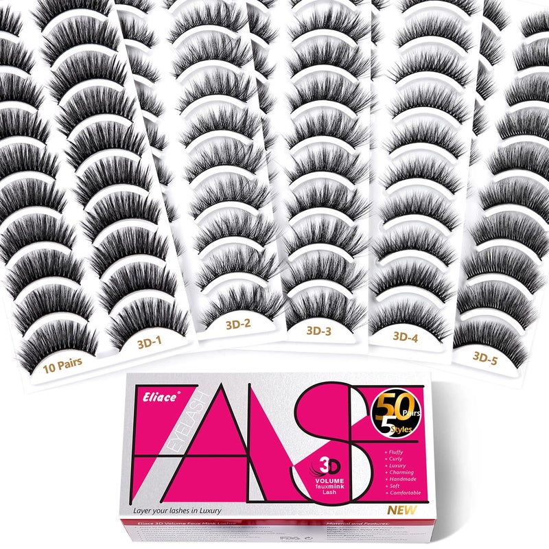 Eliace False Eyelashes Natural look Cat Eye Lashes Wispy Strips 3D Mink Lashes Fulffy,NEW 50 Pairs 5 Styles Fake Eyelashes,Faux Volume Curly Full,Thin Lash Band Soft Comfortable Lightweight Lash Pack - Image 1