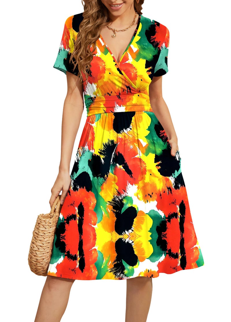 WEACZZY Summer Dress for Women Casual Short Sleeve Black Dresses Wrap V-Neck Party Dress with Pockets,Abstract Flowers,M - Image 1