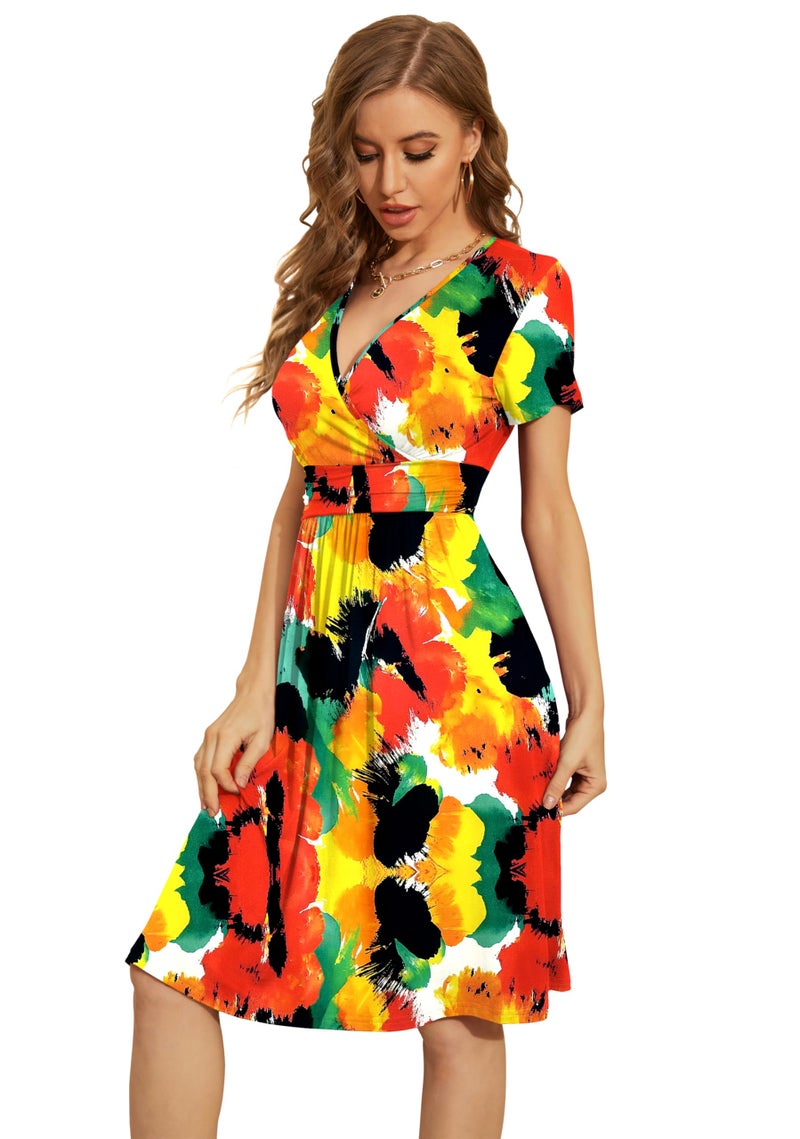 WEACZZY Summer Dress for Women Casual Short Sleeve Black Dresses Wrap V-Neck Party Dress with Pockets,Abstract Flowers,M - Image 2