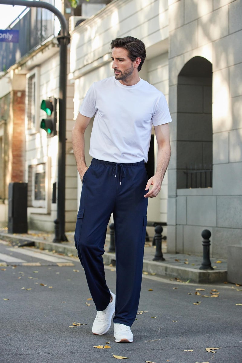 Deyeek Men's Cargo Sweatpants with Pockets Baggy Sweat Pants for Mens Straight Leg Jogger Sweatpants Cotton Lounge Pants Navy Blue - Image 3