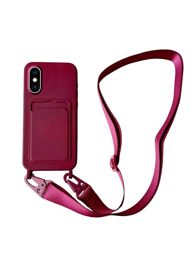 Case Cover For iPhone XS / X Card Slot Liquid Silicone Phone Case with Lanyard Wine Red