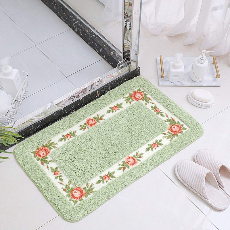 UKELER Non-Skid Floral Rose Bathroom Contour Rugs, Set of 2 Soft Shaggy Non Slip Bath Shower Mat and U-Shaped Toilet Floor Rugs, Green - Image 4