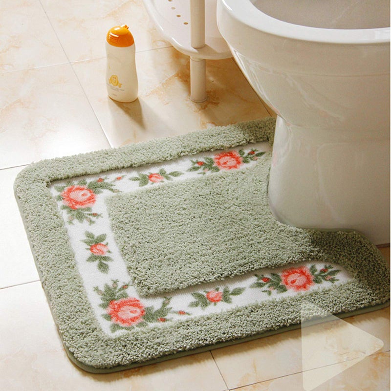 UKELER Non-Skid Floral Rose Bathroom Contour Rugs, Set of 2 Soft Shaggy Non Slip Bath Shower Mat and U-Shaped Toilet Floor Rugs, Green - Image 2