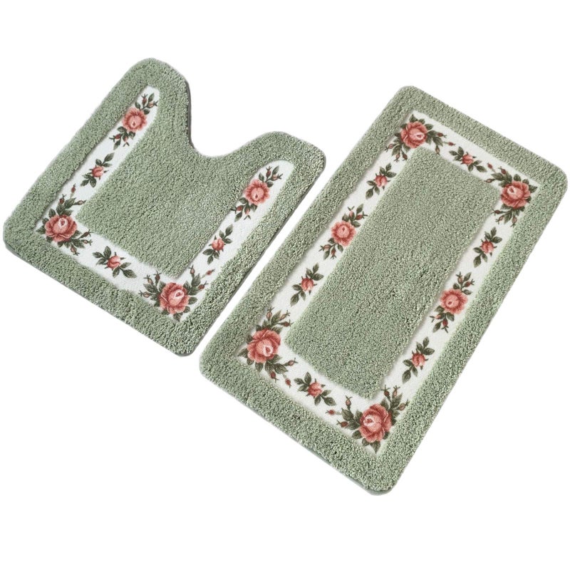 UKELER Non-Skid Floral Rose Bathroom Contour Rugs, Set of 2 Soft Shaggy Non Slip Bath Shower Mat and U-Shaped Toilet Floor Rugs, Green - Image 1
