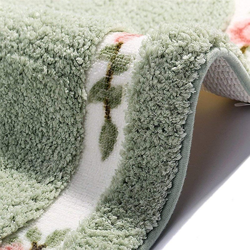 UKELER Non-Skid Floral Rose Bathroom Contour Rugs, Set of 2 Soft Shaggy Non Slip Bath Shower Mat and U-Shaped Toilet Floor Rugs, Green - Image 5