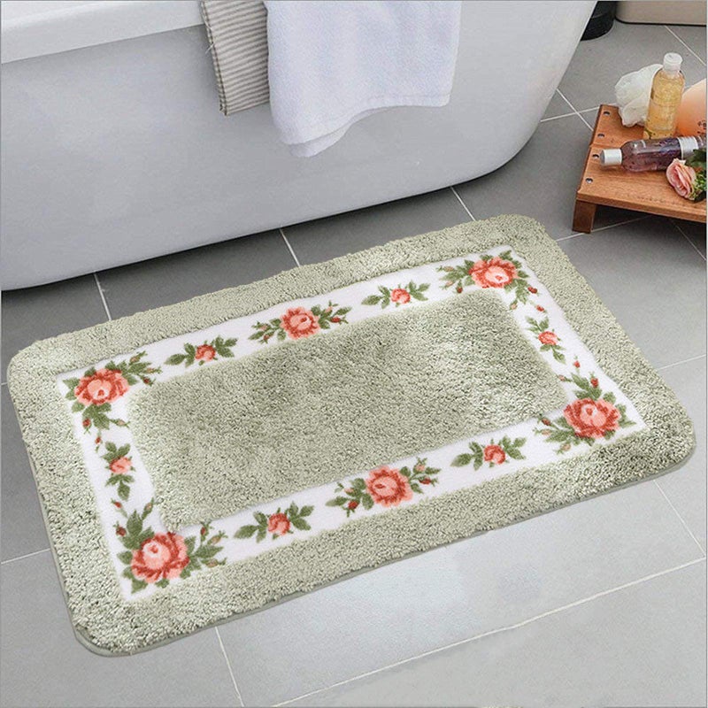 UKELER Non-Skid Floral Rose Bathroom Contour Rugs, Set of 2 Soft Shaggy Non Slip Bath Shower Mat and U-Shaped Toilet Floor Rugs, Green - Image 3