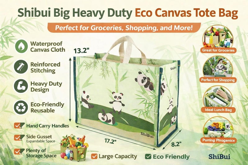 SHIBUI Big Heavy Duty Large Eco Waterproof Cotton Canvas Cloth Grocery Shopping Bag for Men Ladies Vegetable Milk Fruits with Hand Carry Handle Lunch Box Jhola Tote Bags (Panda) (3) - Image 2