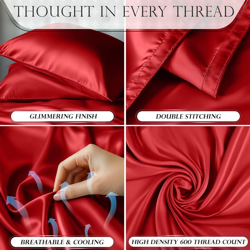 DECOLURE Satin Bed Sheets - 4 Piece Luxury Silky Queen Size Bedding Set - Softer Than Silk, Wrinkle-Free with 15” Deep Pocket Fitted Sheet, Perfect for Hair & Skin, Gifts for Women (Red-001) - Image 3