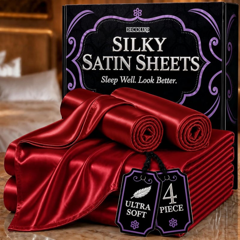 DECOLURE Satin Bed Sheets - 4 Piece Luxury Silky Queen Size Bedding Set - Softer Than Silk, Wrinkle-Free with 15” Deep Pocket Fitted Sheet, Perfect for Hair & Skin, Gifts for Women (Red-001) - Image 1