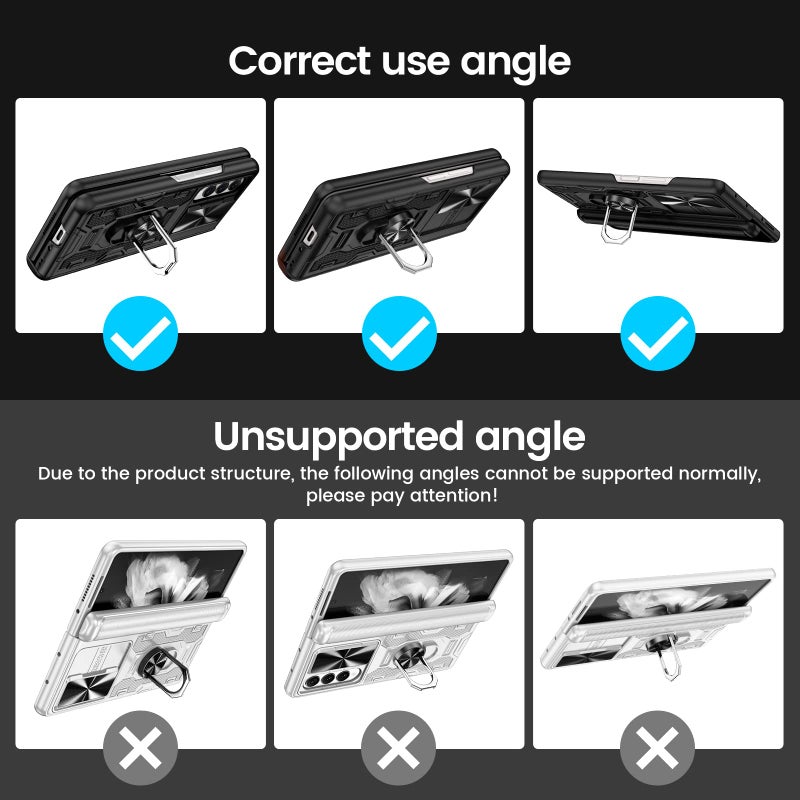 VEGO for Galaxy Z Fold 3 Case with Camera Cover, Hinge Protection Case with Front Screen Protector & 360°Ring Magnetic Kickstand Protective Armor Case for Samsung Galaxy Z Fold 3 - Midnight Black - Image 4