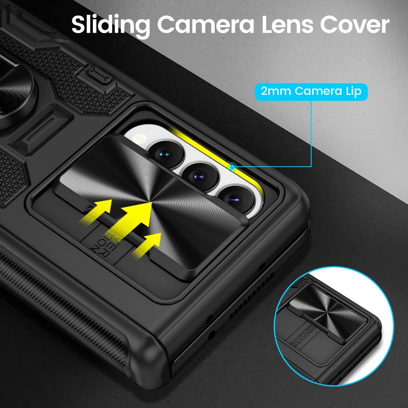 VEGO for Galaxy Z Fold 3 Case with Camera Cover, Hinge Protection Case with Front Screen Protector & 360°Ring Magnetic Kickstand Protective Armor Case for Samsung Galaxy Z Fold 3 - Midnight Black - Image 3