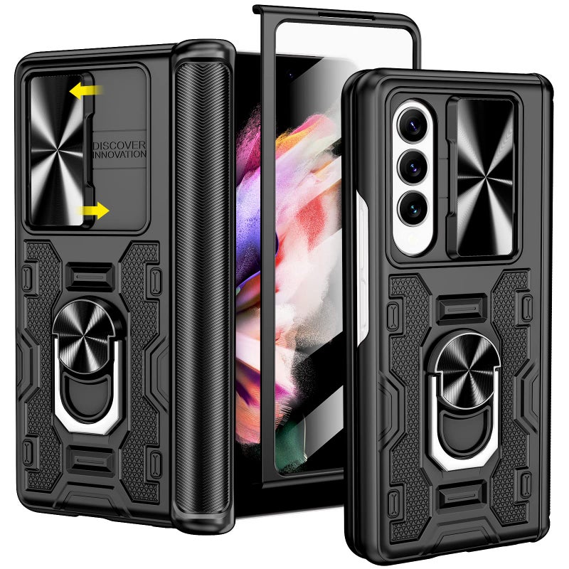 VEGO for Galaxy Z Fold 3 Case with Camera Cover, Hinge Protection Case with Front Screen Protector & 360°Ring Magnetic Kickstand Protective Armor Case for Samsung Galaxy Z Fold 3 - Midnight Black - Image 1