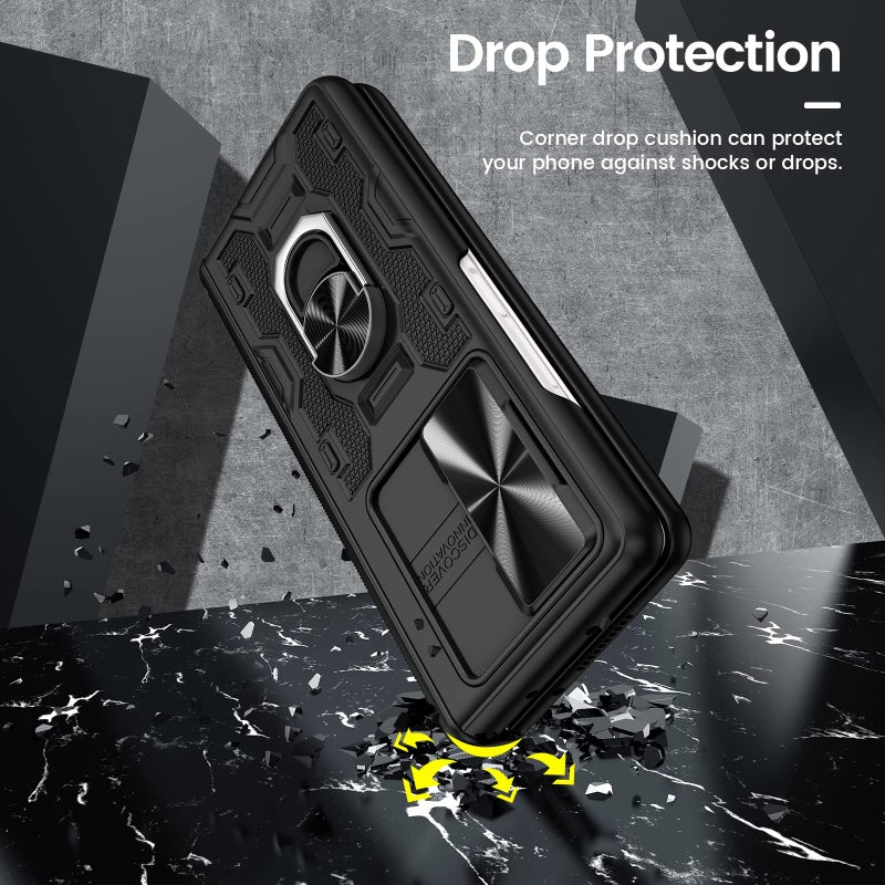 VEGO for Galaxy Z Fold 3 Case with Camera Cover, Hinge Protection Case with Front Screen Protector & 360°Ring Magnetic Kickstand Protective Armor Case for Samsung Galaxy Z Fold 3 - Midnight Black - Image 5