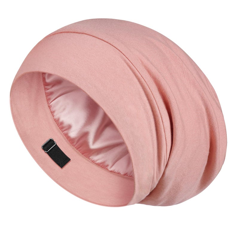 LULUSILK Mulberry Silk Bonnet for Sleeping Women, No More Frizzy Tangled Hair, Stay On All Night Silk Hair Wrap for Sleeping with Adjustable Strap, Silk Sleep Cap for Women and Men, Pink, Pack of 1 - Image 1