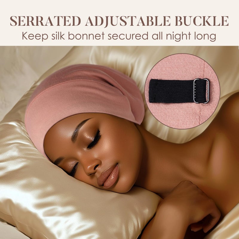LULUSILK Mulberry Silk Bonnet for Sleeping Women, No More Frizzy Tangled Hair, Stay On All Night Silk Hair Wrap for Sleeping with Adjustable Strap, Silk Sleep Cap for Women and Men, Pink, Pack of 1 - Image 4