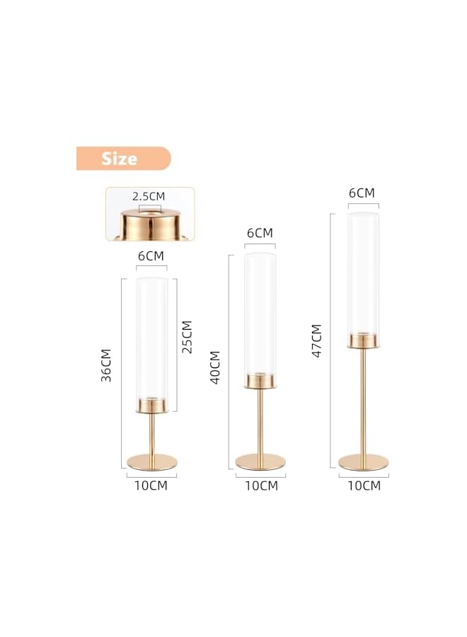 The Bros Gold Candlestick Holder Set of 3 with Removable Glass Hurricane Covers, Tall Taper Candle Holders Stand Table Centerpiece for Wedding Party Birthday Christmas Home Decor (Gold-3pcs) - Image 4