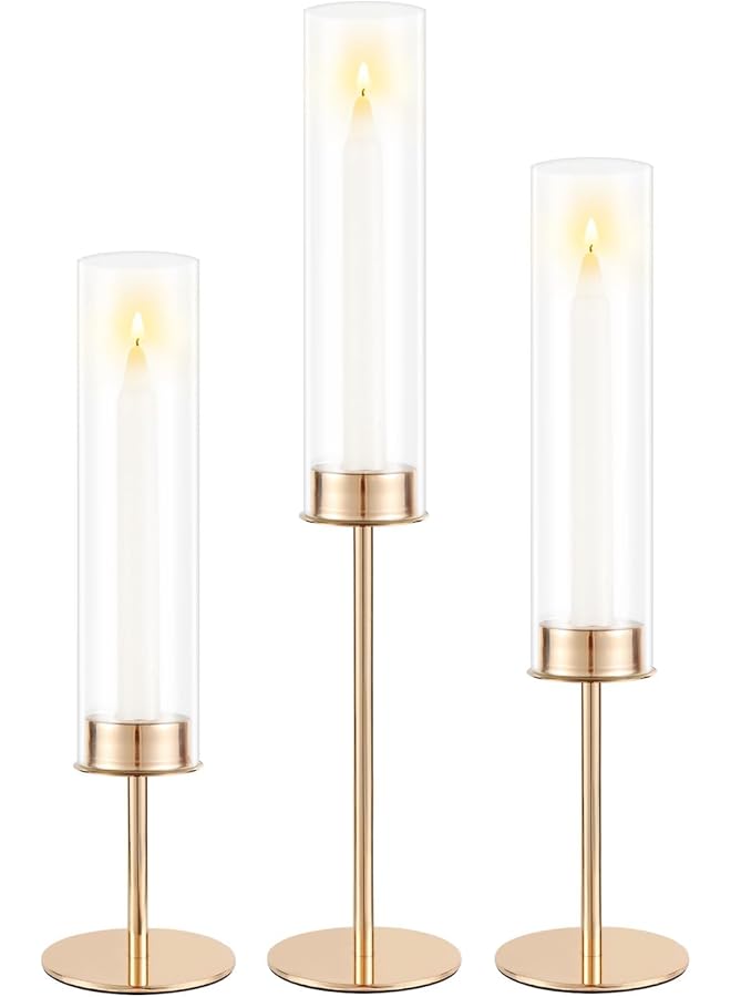 The Bros Gold Candlestick Holder Set of 3 with Removable Glass Hurricane Covers, Tall Taper Candle Holders Stand Table Centerpiece for Wedding Party Birthday Christmas Home Decor (Gold-3pcs) - Image 1