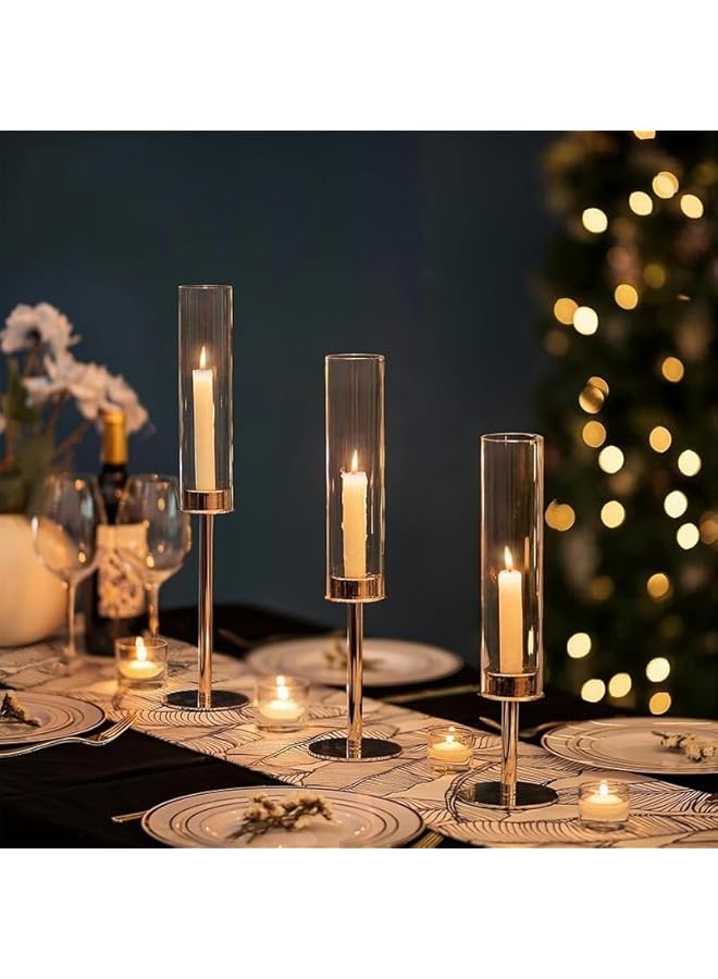 The Bros Gold Candlestick Holder Set of 3 with Removable Glass Hurricane Covers, Tall Taper Candle Holders Stand Table Centerpiece for Wedding Party Birthday Christmas Home Decor (Gold-3pcs) - Image 2