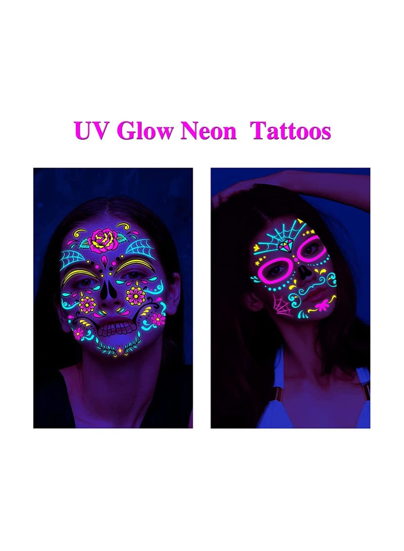 Glow In The Dark Neon Temporary Face Tattoos, 8 Sheets Full Face Stickers, Sugar Skull Designs for Parties, Festivals, and Themed Events - Image 4