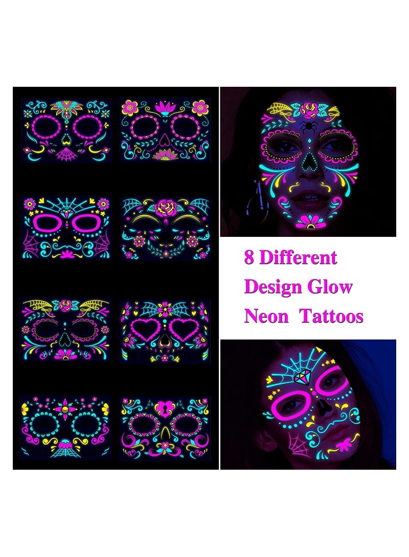 Glow In The Dark Neon Temporary Face Tattoos, 8 Sheets Full Face Stickers, Sugar Skull Designs for Parties, Festivals, and Themed Events - Image 3