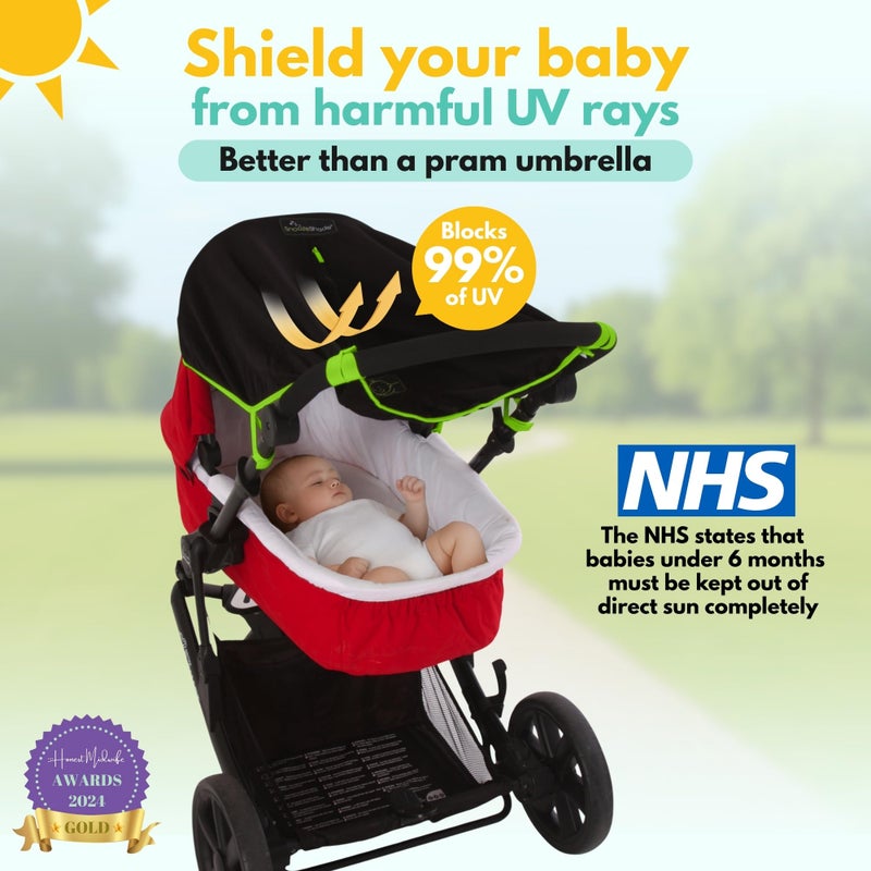 NatureBond SnoozeShade Original 0-6m Pram and Buggy Sun Shade Baby Sleep Aid with Safety Green Trim Blocks 99% UV UPF 50 Breathable Blackout Canopy for Carrycot and Pushchair - Image 2