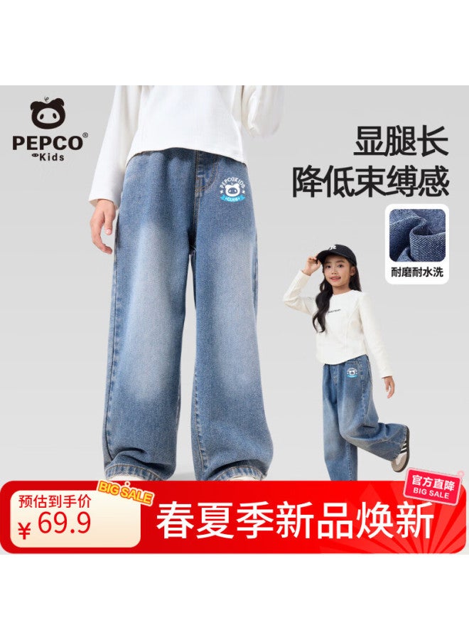 Pepco Girls' Denim Jeans Spring And Autumn New Loose Fit Straight Leg Pants Slimming Long Pants Blue Size 110 - Image 1