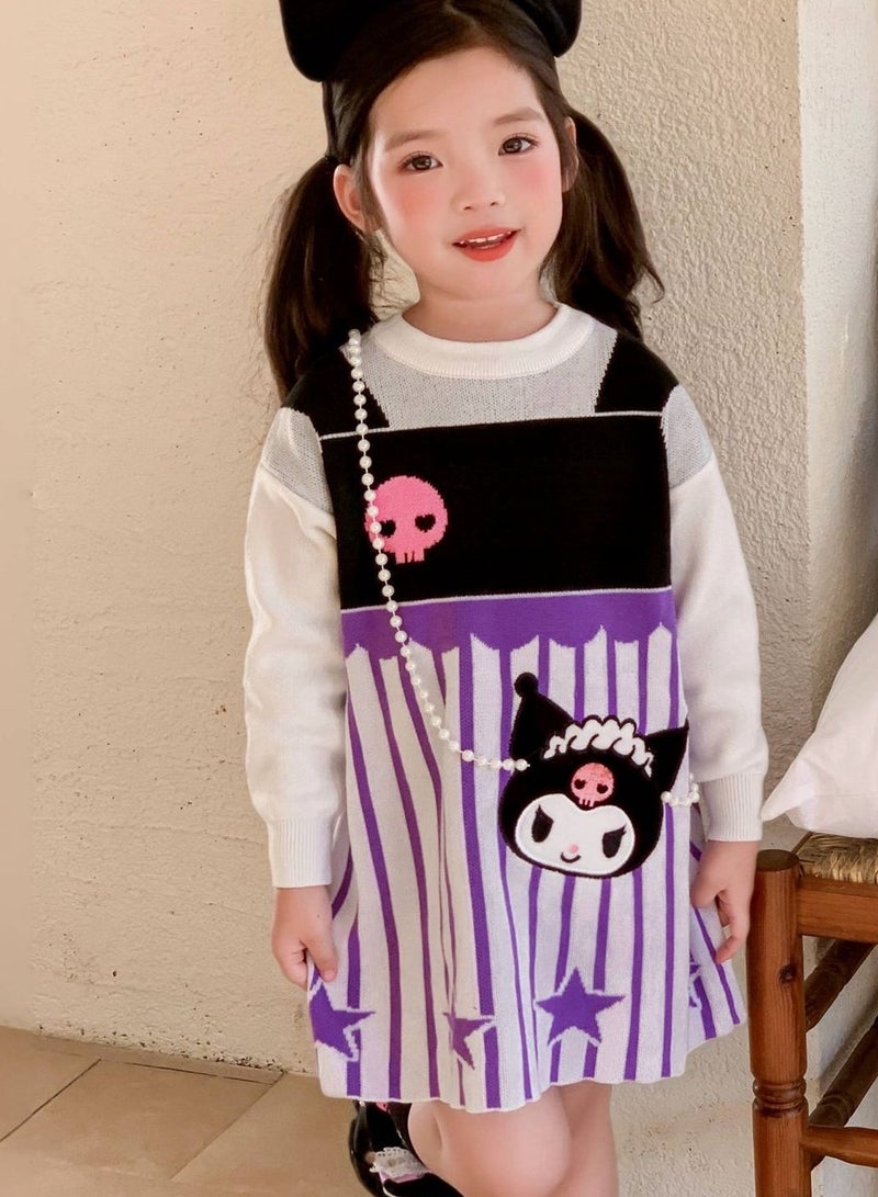 Girl's Stylish Cartoon Love Fake Two-Piece Sweater Knitted Dress - Image 1