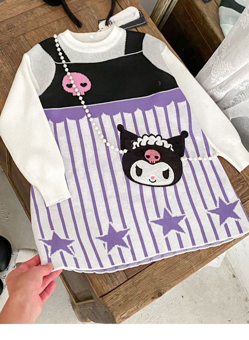 Girl's Stylish Cartoon Love Fake Two-Piece Sweater Knitted Dress - Image 4