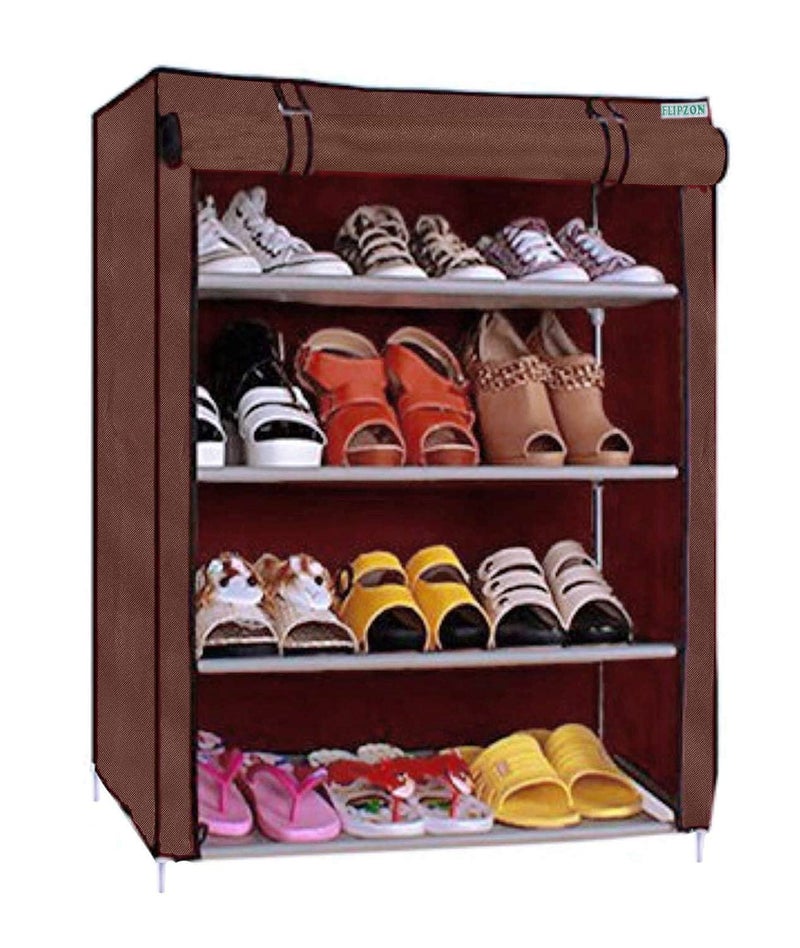 FLIPZON Multipurpose 4-Tiers Shoe Rack with Dustproof Zip Cover, Multiuse Wide Space Storage Rack made by Non Woven Fabric for footwear, Toys, clothes (4 Shelves) (Brown) - Image 1