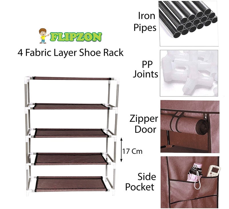 FLIPZON Multipurpose 4-Tiers Shoe Rack with Dustproof Zip Cover, Multiuse Wide Space Storage Rack made by Non Woven Fabric for footwear, Toys, clothes (4 Shelves) (Brown) - Image 3