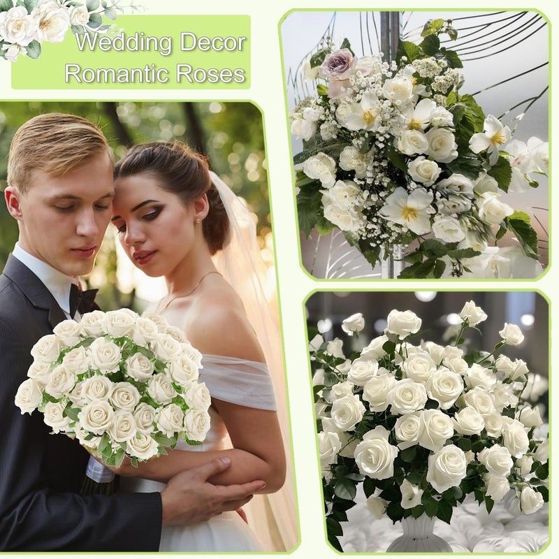 Cloudecor 12Pcs White Roses Artificial Flowers Fake Roses Faux Velvet Silk Flower for Home Wedding Decoration (Pearl Rose, White) - Image 3