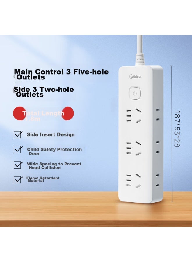 Midea New National Standard Power Strip With Switch/extension Cord/3-g Outlet Board/extension Board, Master Switch, 6 Side Outlets, 1.8 Meters Long, Ep3kc35 - Image 1