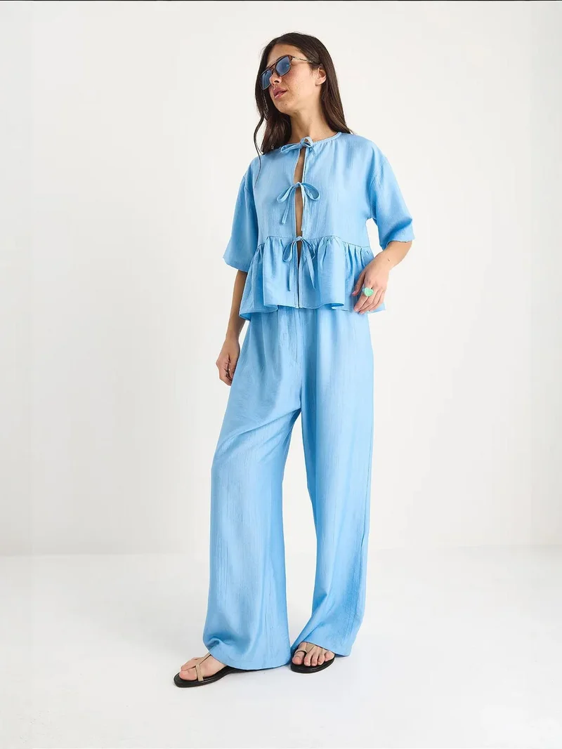 Bianco Lucci LUCCI Textured Two-Piece Coord Set with Ruffle Detail