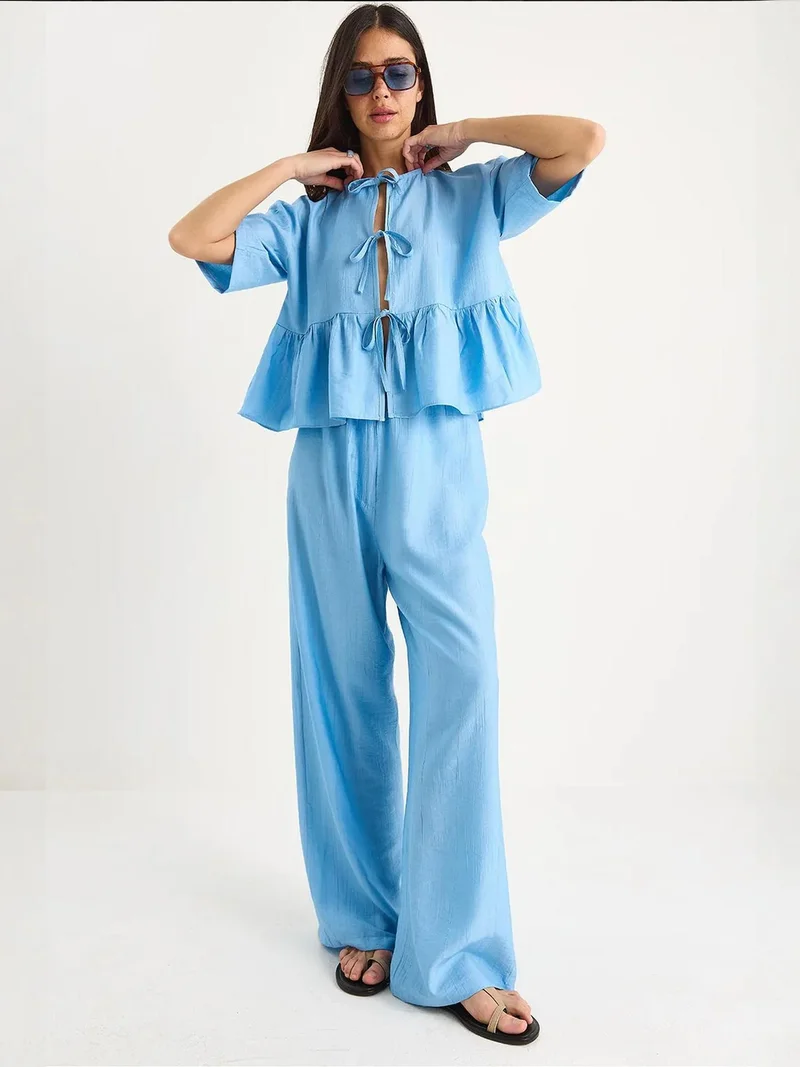 Bianco Lucci LUCCI Textured Two-Piece Coord Set with Ruffle Detail