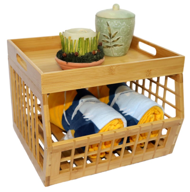 altCooking Hub Bamboo Storage Bin - Multipurpose, Stackable Open Front Storage Bin with Bamboo Serving Tray Lid for Kitchen & Pantry - Stylish Lattice Design - Image 3