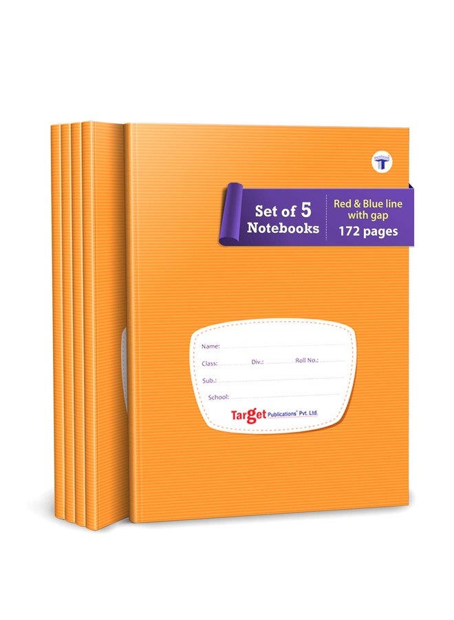 TARGET PUBLICATIONS Red and Blue Line with Gap Books | Small Four Line with Gap Books | 172 Ruled Pages | Hard Brown Cover | 155 cm x 19 cm Approx | Pack of 5 Notebooks | GSM 57 - Image 1