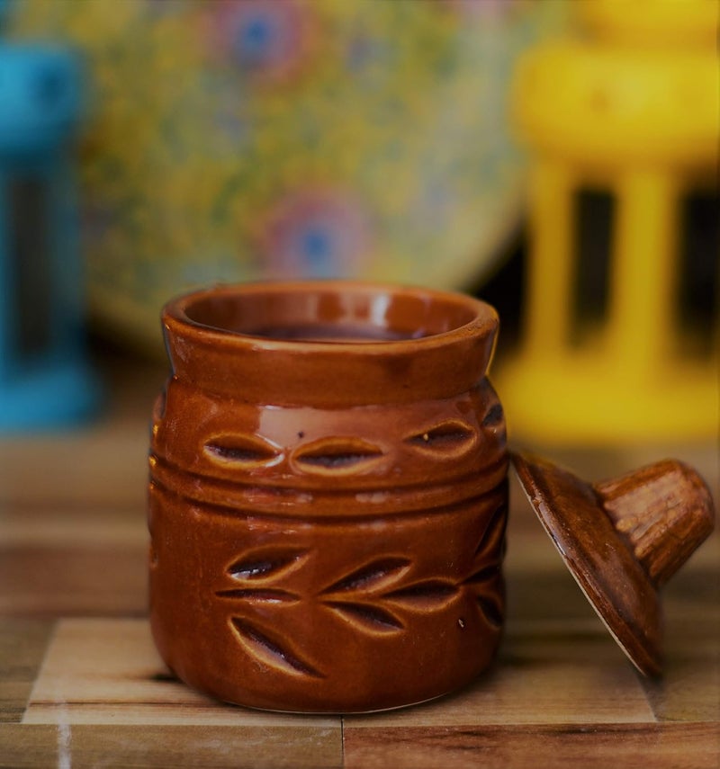 SHRIYAM CRAFT Cream Pottery Hand Paintaed Ceramic Cornichon Storage Jar for Pickle 250 GR Cream Brown Color - Image 2