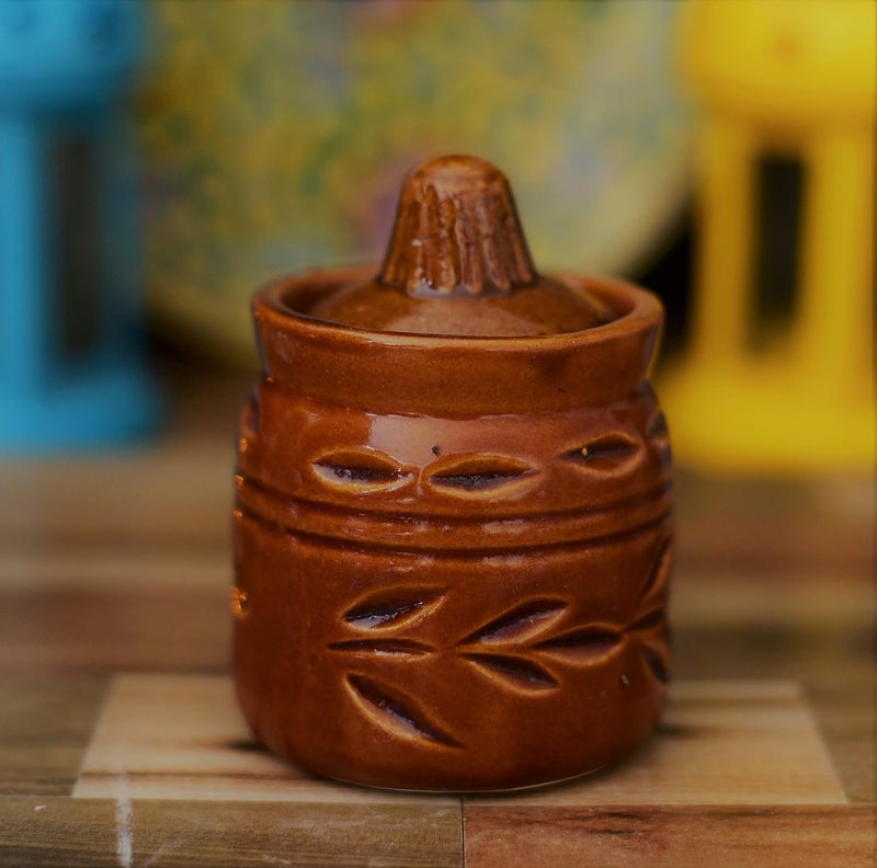 SHRIYAM CRAFT Cream Pottery Hand Paintaed Ceramic Cornichon Storage Jar for Pickle 250 GR Cream Brown Color - Image 1